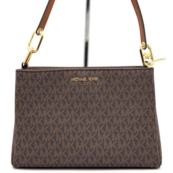 Michael Kors Trisha Medium Triple Compartment Crossbody Bag Brown Signature - Picture 1 of 11